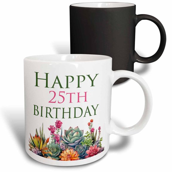 3drose, Happy 25th Birthday Pretty Cactus Succulents, 11oz Magic Transforming Mug