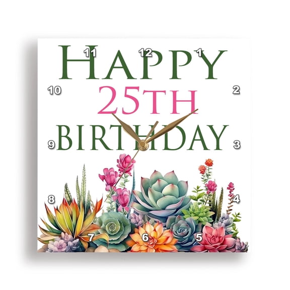 3dRose, Happy 25th Birthday Pretty Cactus Succulents, 15x15 Wall Clock