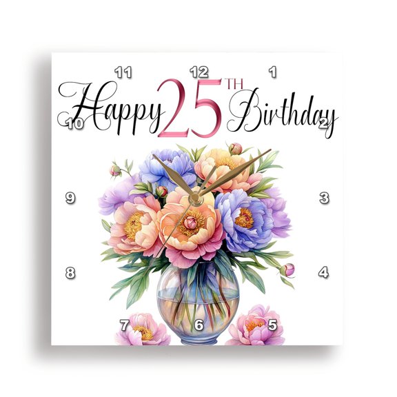 3dRose, Happy 25th Birthday Pretty Vase Of Pastel Peony Flowers, 15x15 Wall Clock