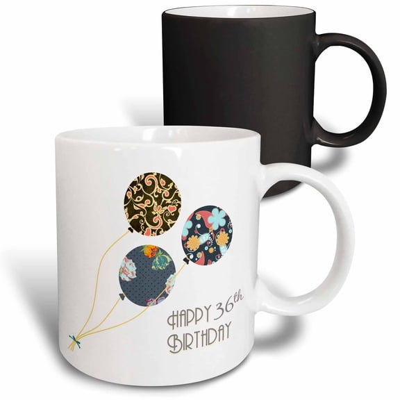 3drose, Happy 36th Birthday - Modern Stylish Floral Balloons. Elegant Black Brown Blue 36 Year Old Bday, 11oz Magic Transforming Mug