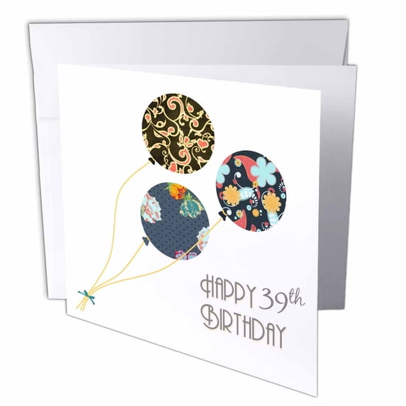 3dRose, Happy 39th Birthday - Modern stylish floral Balloons. Elegant black brown blue 39 year old Bday, 1 Greeting Card with envelope