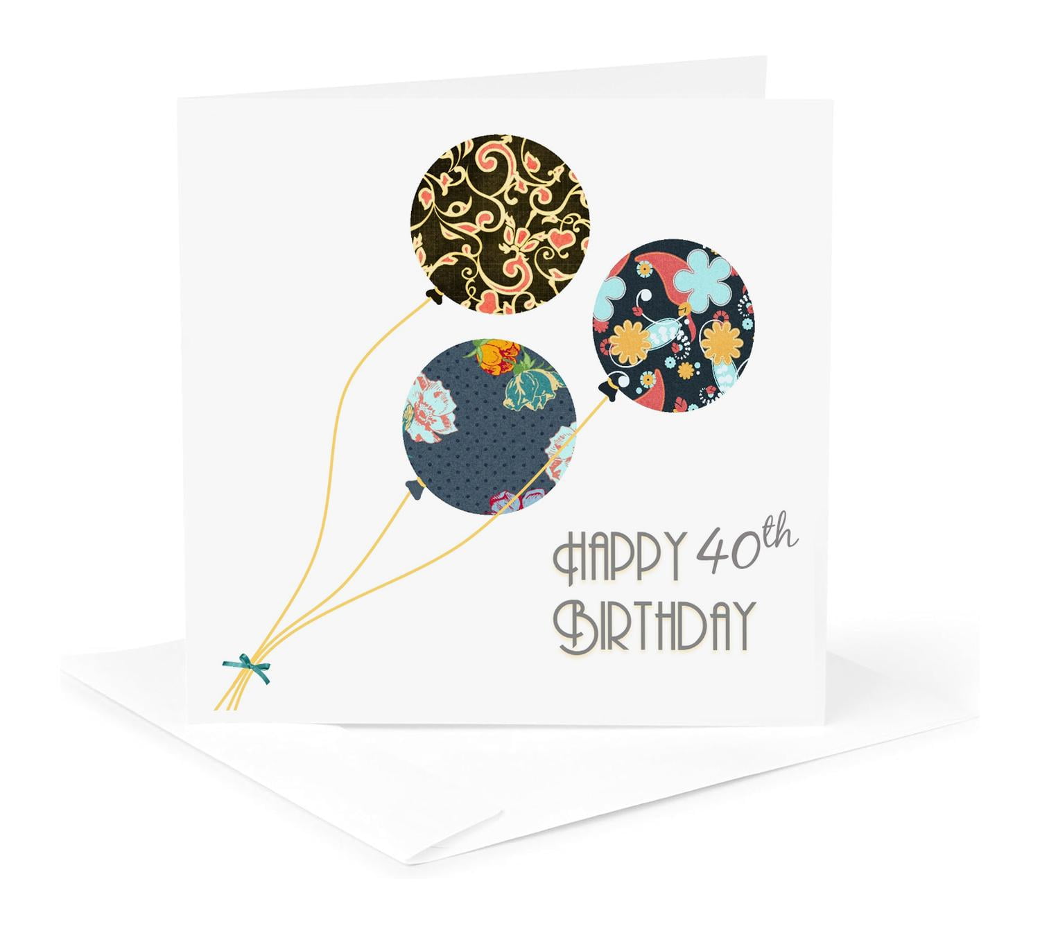 3dRose, Happy 40th Birthday - Modern stylish floral Balloons. Elegant black brown blue 40 year old Bday, 1 Greeting Card with envelope