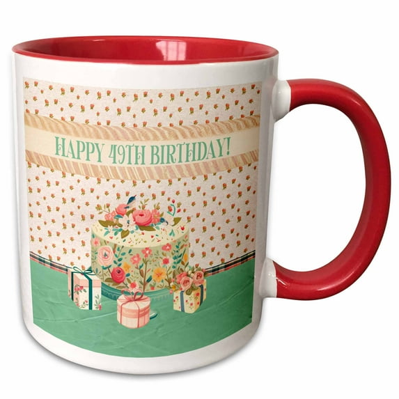 3drose, Happy 49th Birthday, Bird in Flower Garden Cake, Gifts, Pastels, 11oz Two-tone Red Mug