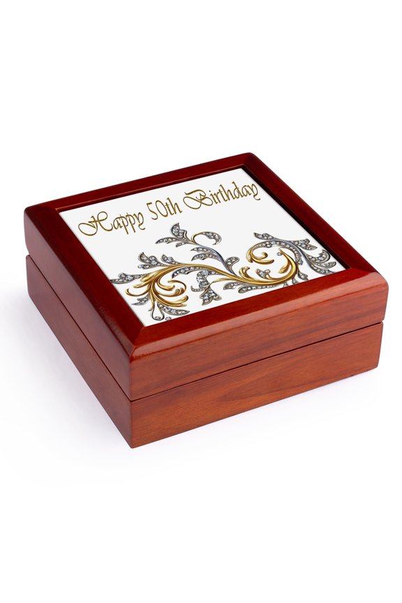 , Happy 50th Birthday Elegant Image Of Diamond Image Of Gold Flourish, Jewelry Box 5.5x5.5 inch with 4 inch tile