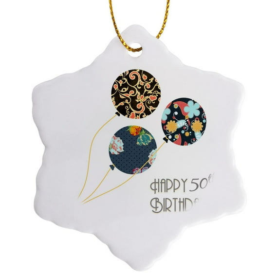 3drose, Happy 50th Birthday - Modern Stylish Floral Balloons. Elegant Black Brown Blue 50 Year Old Bday, 3 inch Snowflake Porcelain Ornament
