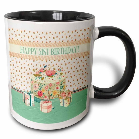 3drose, Happy 51st Birthday, Bird in Flower Garden Cake, Gifts, Pastels, 11oz Two-tone Black Mug