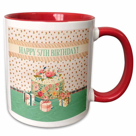 3drose, Happy 57th Birthday, Bird in Flower Garden Cake, Gifts, Pastels, 15oz Two-tone Red Mug