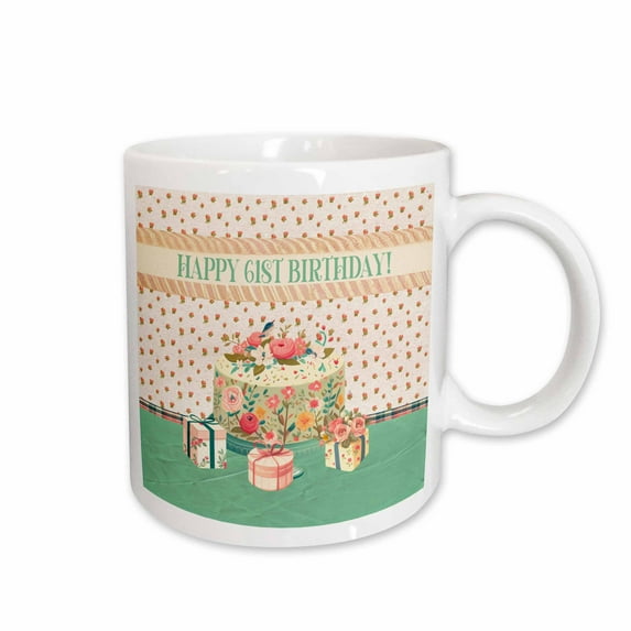 3drose, Happy 61st Birthday, Bird in Flower Garden Cake, Gifts, Pastels, 11oz Mug