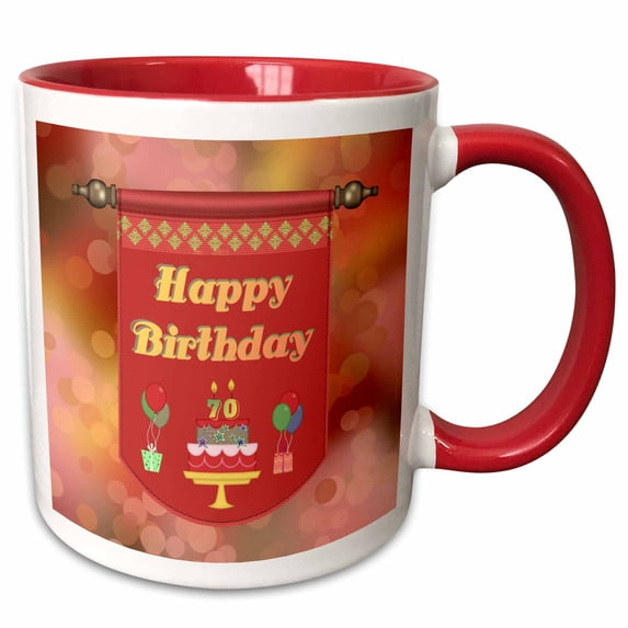 3drose, Happy 70th Birthday Banner, Cake with Gifts and Balloons, 11oz Two-tone Red Mug