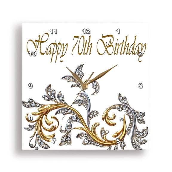 3dRose, Happy 70th Birthday Elegant Image Of Diamond Image Of Gold Flourish, 15x15 Wall Clock