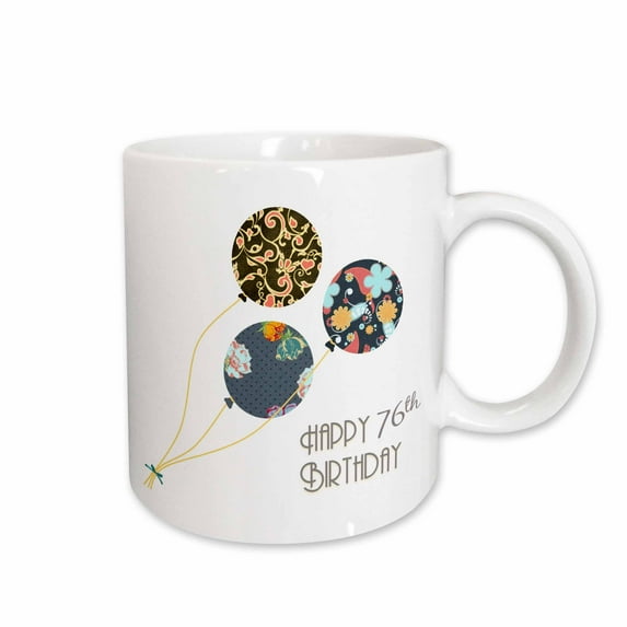 3drose, Happy 76th Birthday - Modern Stylish Floral Balloons. Elegant Black Brown Blue 76 Year Old Bday, 11oz Mug