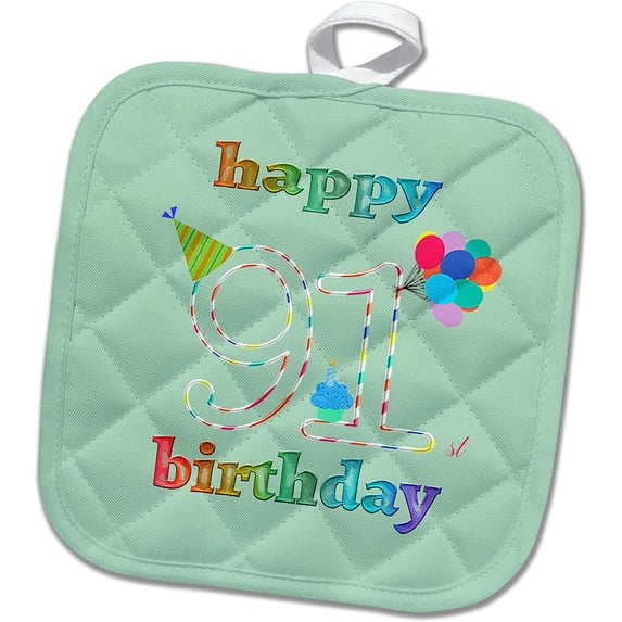 3dRose, Happy 91st Birthday, Cupcake with Candle, Balloons, Hat, Colorful , 8x8 Potholder