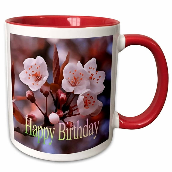 3drose, Happy Birthday Cherry Blossom Artistic Design, 11oz Two-tone Red Mug