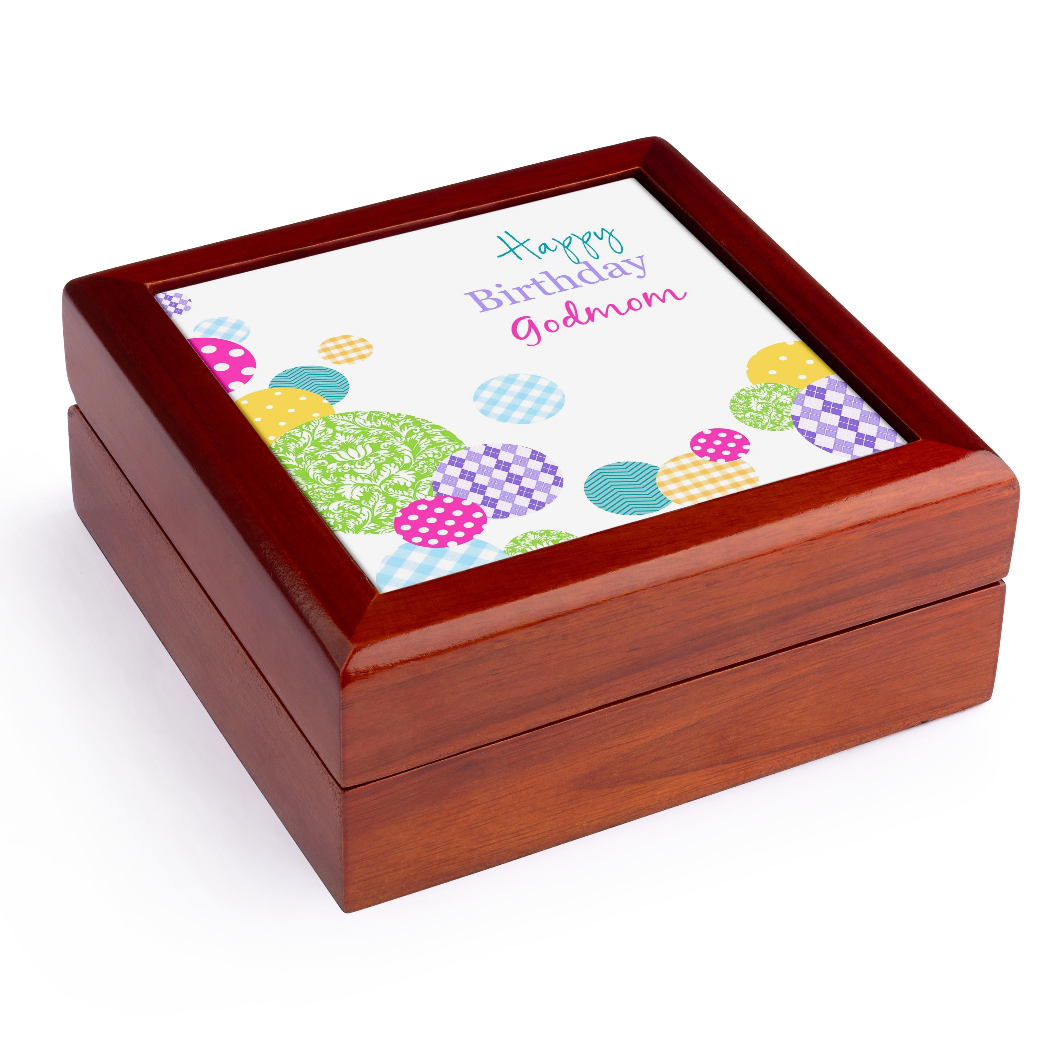 3dRose, Happy Birthday Godmom - modern bright colorful dots pattern on white, Jewelry Box 5.5x5.5 inch with 4 inch tile