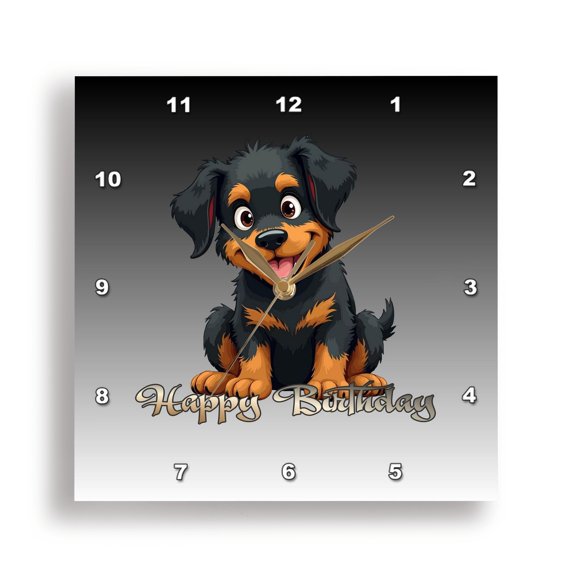 3dRose, Happy Birthday Greeting With Cartoon Style Puppy, 15x15 Wall Clock