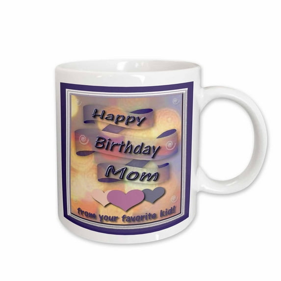 3drose, Happy Birthday Mom from Your Favorite Kid, Ribbon and Hearts, 15oz Mug