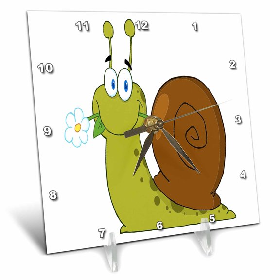 3dRose, Happy Cartoon Snail With Flower, 6x6 Desk Clock