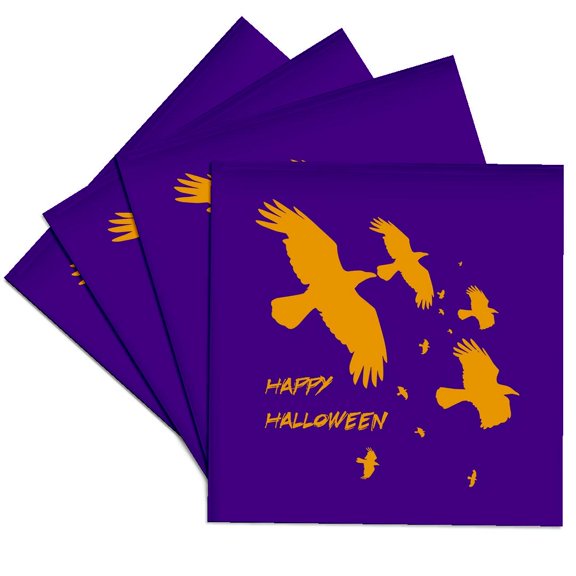 3dRose, Happy Halloween Crows In Flight Vector Orange, Set of 4 Ceramic Tile Coasters