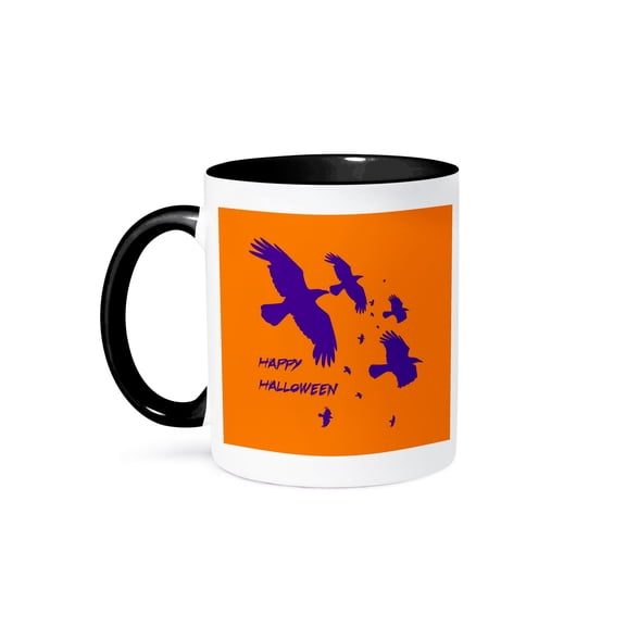 3dRose, Happy Halloween Crows In Flight Vector Silhouette Purple, 11oz Two-Tone Black Mug