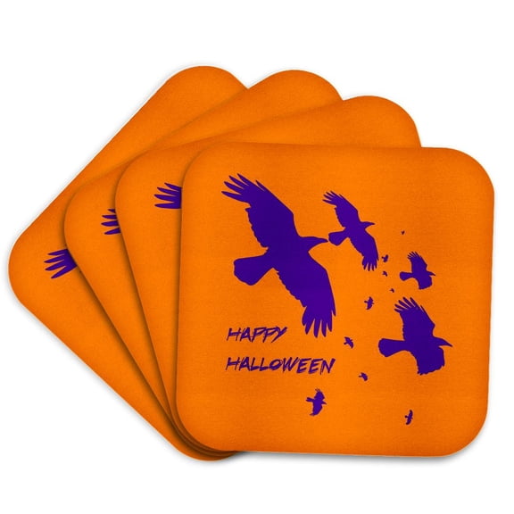 3dRose, Happy Halloween Crows In Flight Vector Silhouette Purple, Set of 4 Coasters - Soft