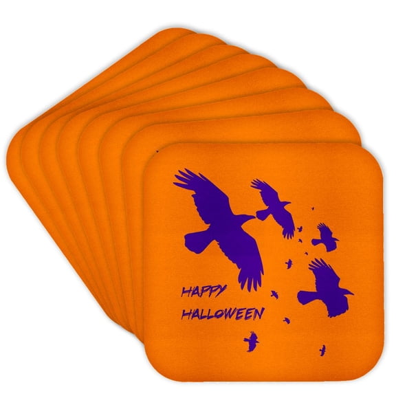 3dRose, Happy Halloween Crows In Flight Vector Silhouette Purple, Set of 8 Coasters - Soft