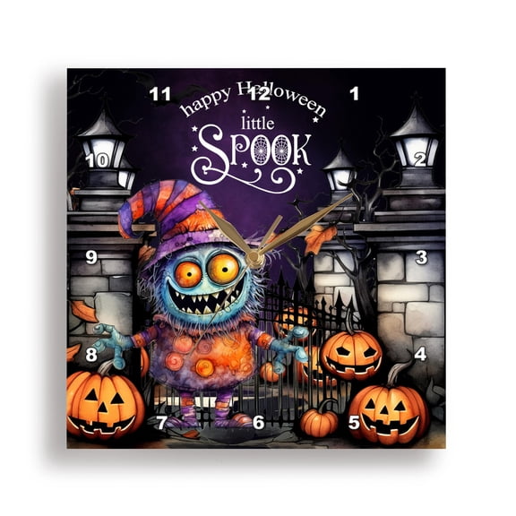 3dRose, Happy Halloween Little Spook with Cute Monster and Pumpkins, 10x10 Wall Clock