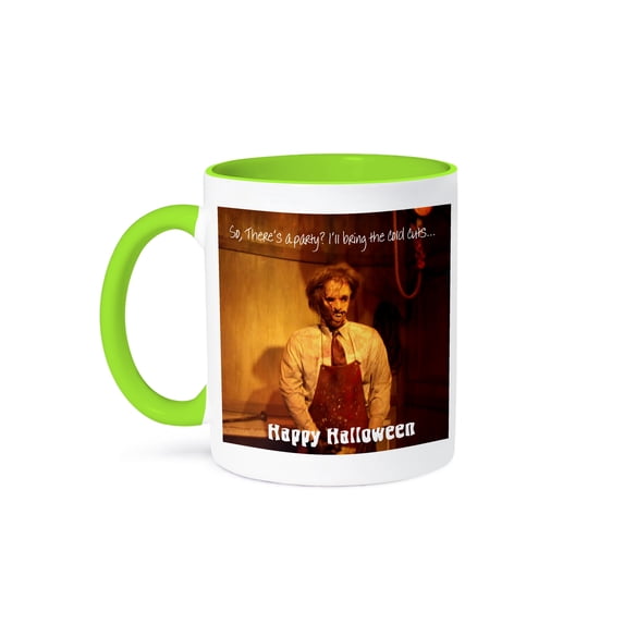 3dRose, Happy Halloween Texas style, gruesome villan offers to bring cold cuts to your Halloween Party, 11oz Two-Tone Green Mug