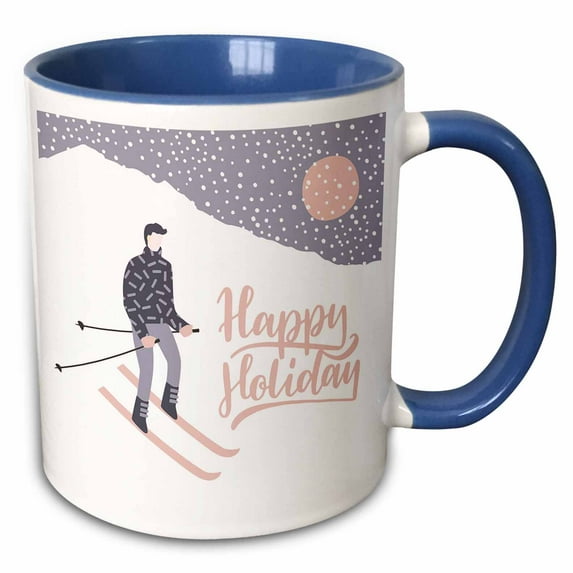 3drose, Happy Holiday- Christmas Snow and Skiing Pattern and Typography Gray, 15oz Two-tone Blue Mug