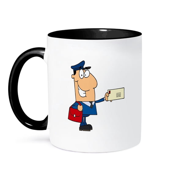 3dRose, Happy Mailman Postal Worker Delivering Letter, 15oz Two-Tone Black Mug