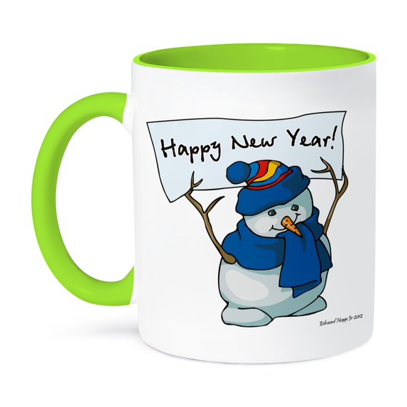3dRose, Happy New Year Snowman , 11oz Two-Tone Green Mug