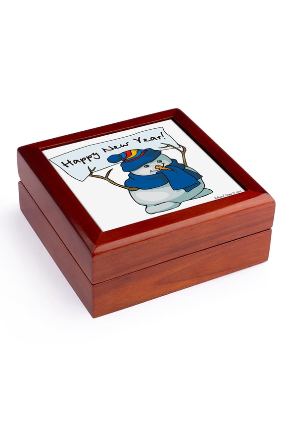 , Happy New Year Snowman , Jewelry Box 5.5x5.5 inch with 4 inch tile