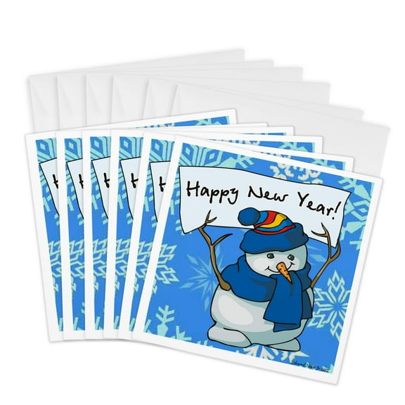 3drose, Happy New Year Snowman with Snowflake Background, 6 Greeting Cards with Envelopes