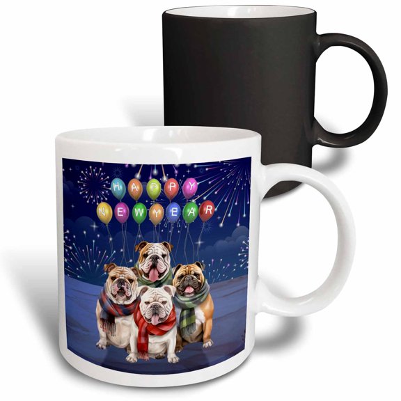 3drose, Happy New Year on Balloons with a Group of Cute Bulldogs, 11oz Magic Transforming Mug