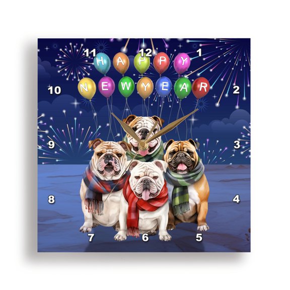 3dRose, Happy New Year on Balloons with a Group of Cute Bulldogs, 15x15 Wall Clock