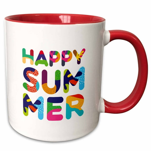 3drose, Happy Summer Unique Decorative Colorful Text on White, 15oz Two-tone Red Mug
