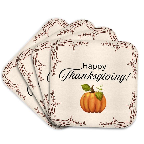 3drose, Happy Thanksgiving Day Greetings with Pumpkin Icon, Set of 4 Coasters - Soft