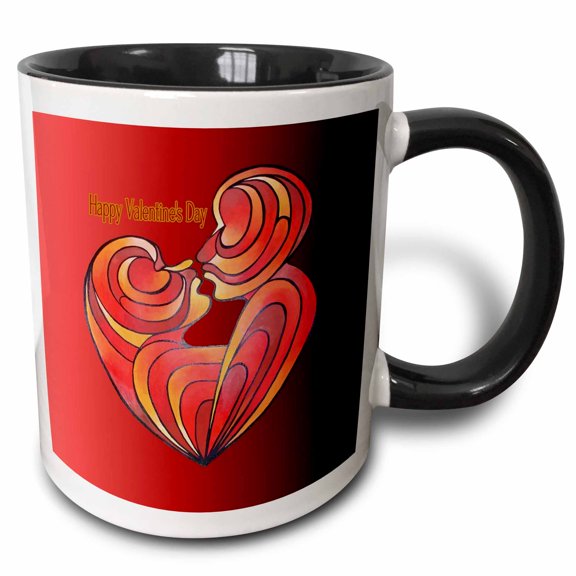 3drose, Happy Valentines Day Lovers Kiss and Form a Love Heart Cut Out, 11oz Two-tone Black Mug