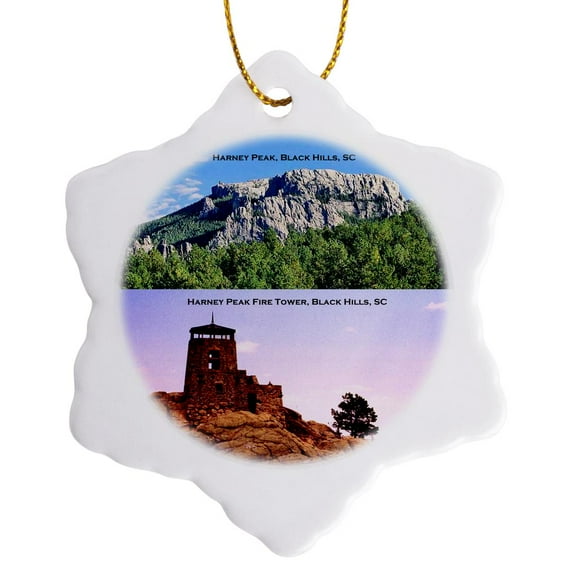 3drose, Harney Peak and Harney Peak Fire Tower, Black Hills, Sc, 3 inch Snowflake Porcelain Ornament