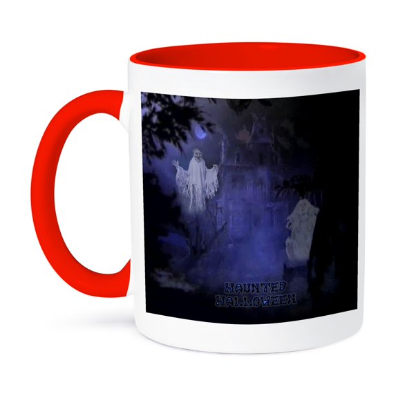 Haunted Halloween House And Ghost, 15oz Two-Tone Red Mug