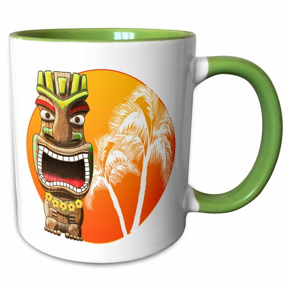 3drose, Hawaiian Tiki Statue and Beach Sunset for Anyone Who Loves Hawaii., 11oz Two-tone Green Mug