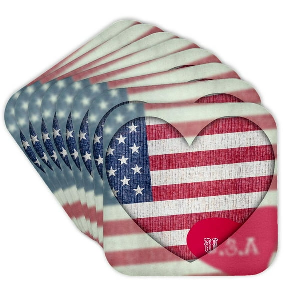 3drose, Heart Love Usa Flag Art Patriotic 4th of July, Set of 8 Coasters - Soft