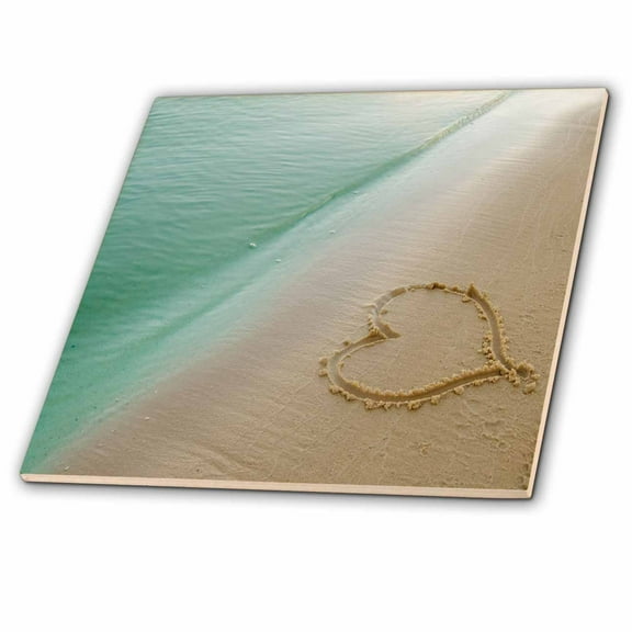 3dRose, Heart Shape Symbolizing Love, Heart Carved in Sand on the Beach, 4 Inch Ceramic Tile