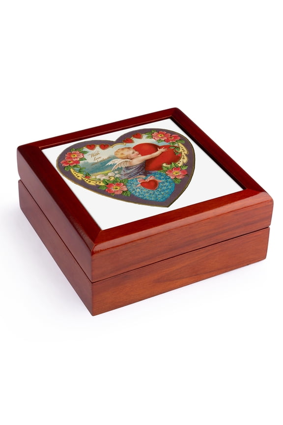 , Heart Shaped Victorian Valentine With Cupid Hugging a Red Heart, Jewelry Box 5.5x5.5 inch with 4 inch tile
