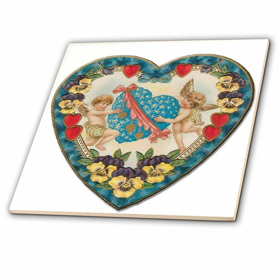 3dRose, Heart Shaped Victorian Valentine with a Blue Heart and Cupids, 4 Inch Ceramic Tile