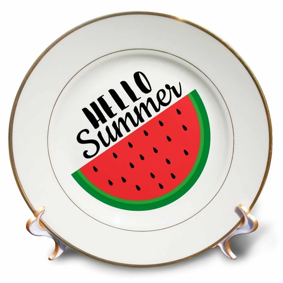 3dRose, Hello Summer with watermelon slice. Black letters on white background., 8 inch Porcelain Plate