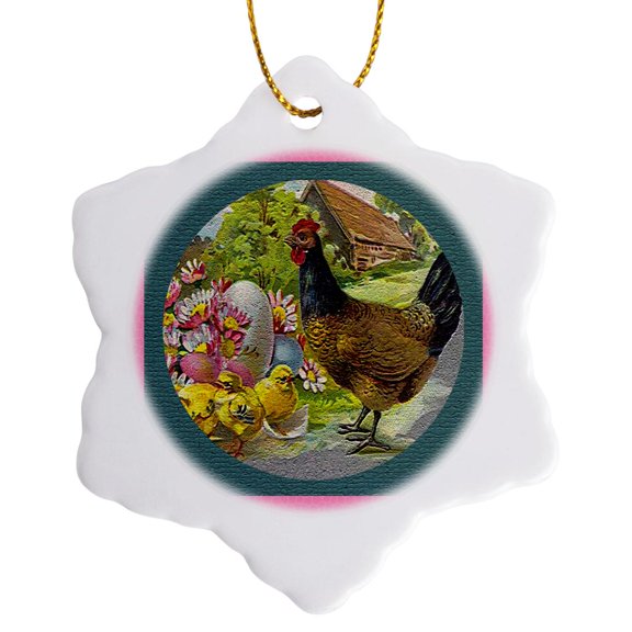 3drose, Hen and Chicks Textured, 3 inch Snowflake Porcelain Ornament