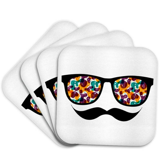 3drose, Hipster Trendy Retro Color Blobs Shades Sunglasses and Mustache, Set of 4 Coasters - Soft