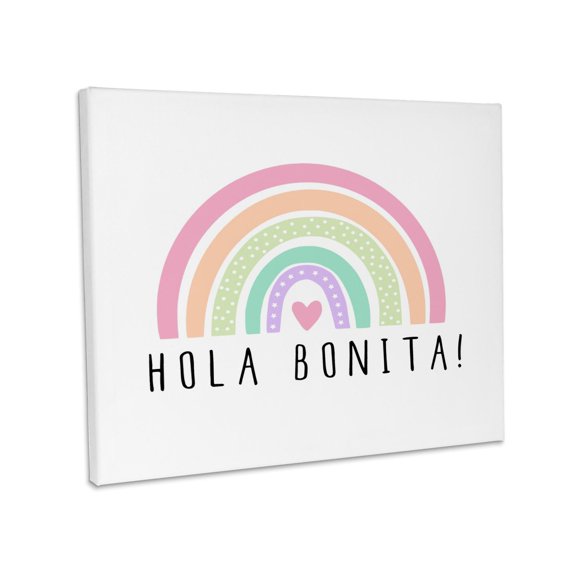 3dRose, Hola Bonita - Hello Pretty Lady or Girl in Spanish - Cute Rainbow, Museum Grade Canvas Wrap 10x8