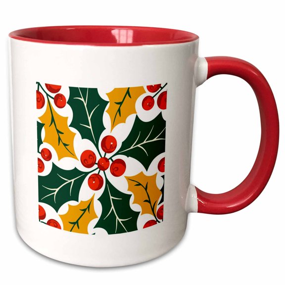 3drose, Holly Leaves Retro Modern Big Print Pattern, 11oz Two-tone Red Mug