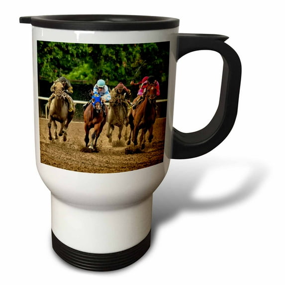 3drose, Horses and Jockeys Racing to Finish Line, Mud Flying, 14oz Stainless Steel Travel Mug
